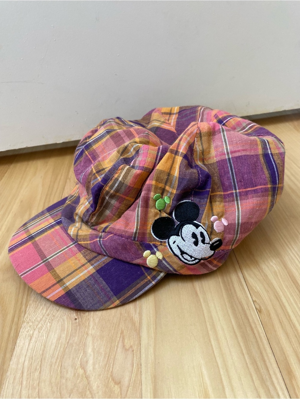 Disney Mickey Mouse Hat Pink & Purple Plaid Newsboy Cap Disneyland